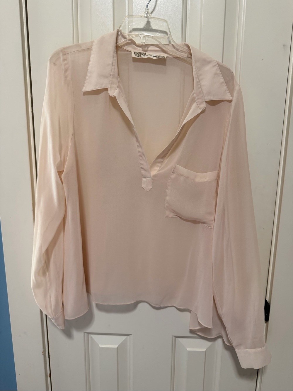 Free People Sheer Light Cream/Pink V-Neck Collared Blouse